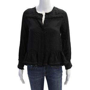 Flannel Womens Silk Long Sleeve Button Up Blouse Top Black Size 0